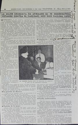La Mujer uruguaya ha afirmado su fe democrática votando con el fascismo, nos dice Paulina Luisi