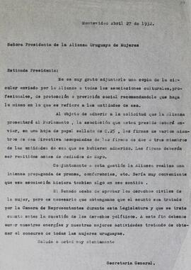 Carta de la Presidenta de la Alianza Uruguaya de Mujeres