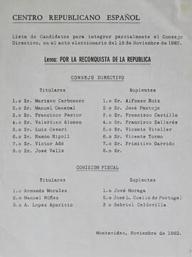 Lista de votación. Lema: Por la reconquista de la República
