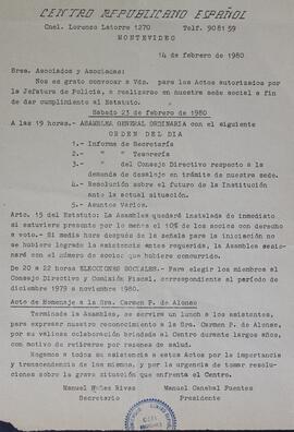 Convocatoria a Asamblea  febrero 1980